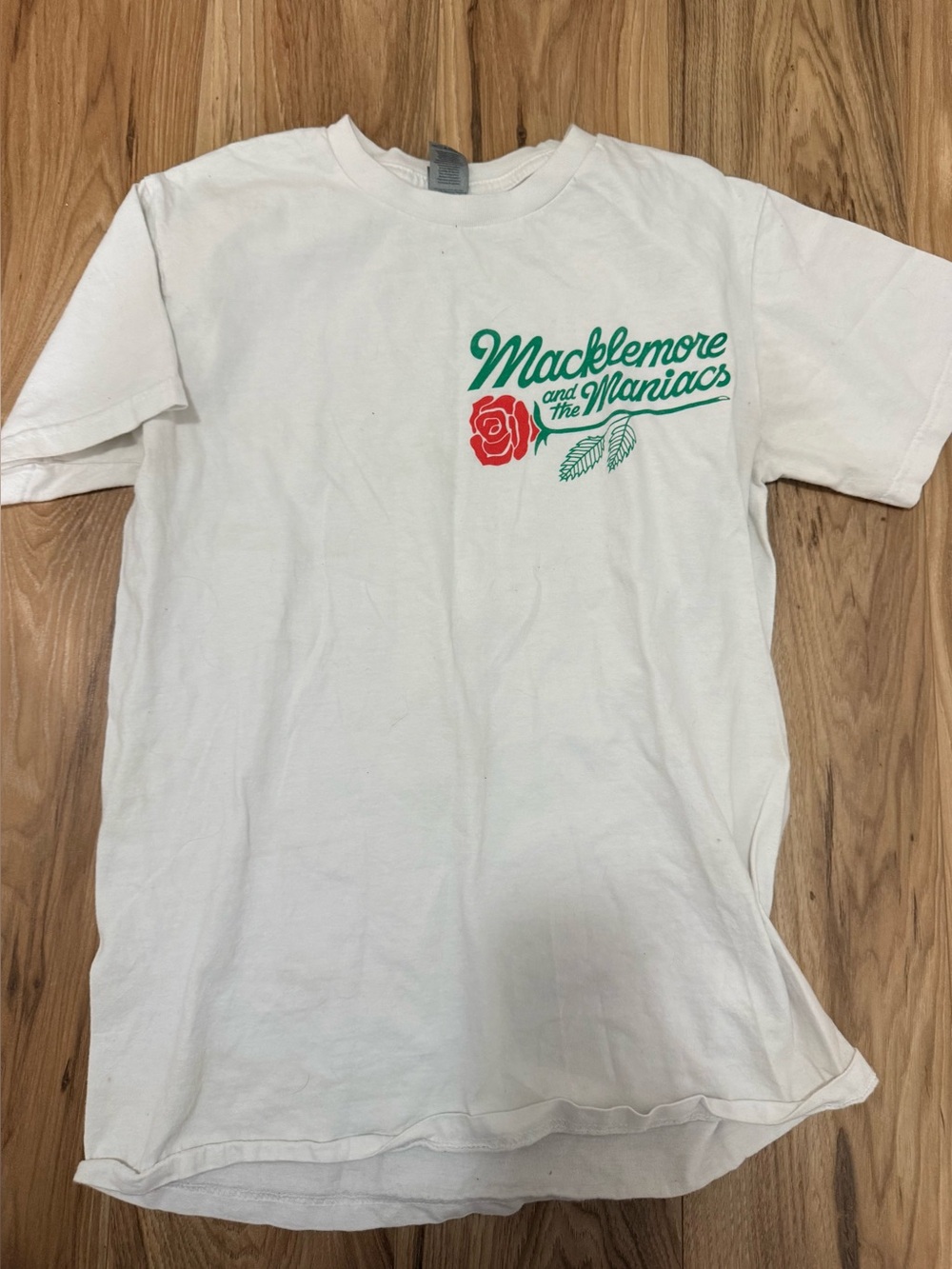 Gildan White Short Sleeve Macklemore Concert Tee with Green Script & Red Rose